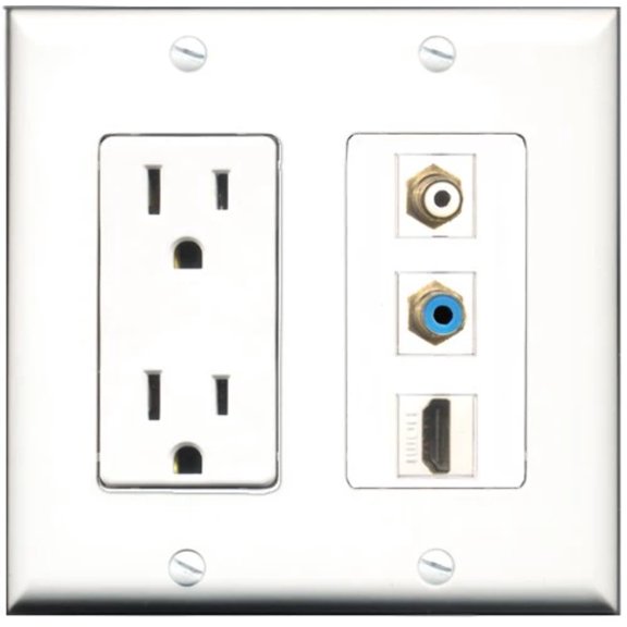 RiteAV - 15 Amp Power Outlet 1 Port HDMI 1 Port RCA White 1 Port RCA Blue Decorative Wall Plate