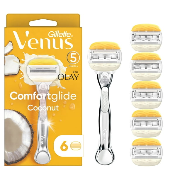 Gillette Venus Comfortglide with Olay Coconut Womens Razor Handle + 6 Blade Refills, Silver