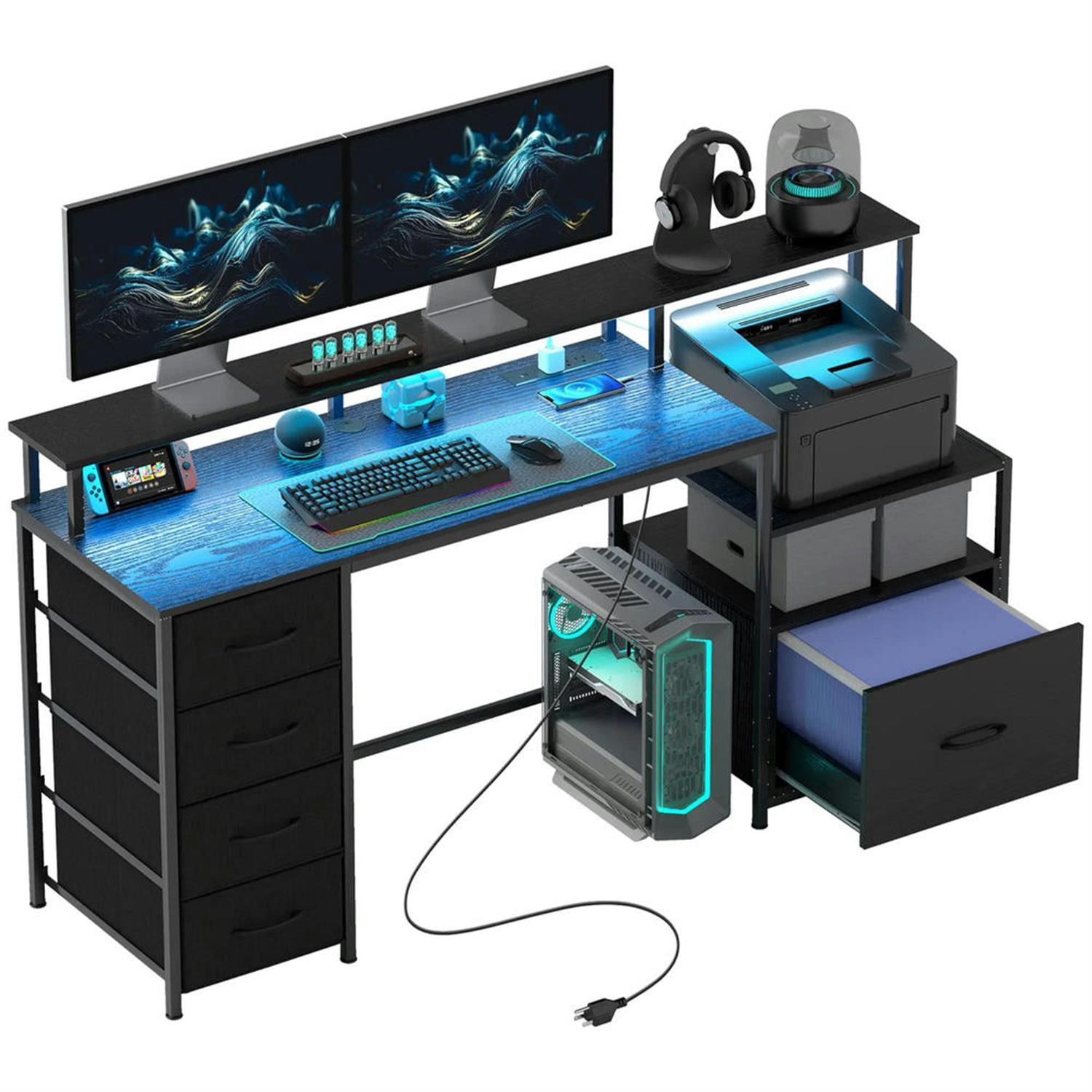 Demi Bonn 67" Office Desk with LED Lights and Power Outlets, Home Computer Desk for Living Room, Office, Study Table PC Desks, Black