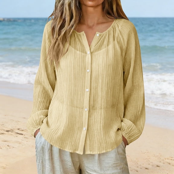 Gauze Shirts for Women Cotton Linen Beach Cover up Long Sleeve V Neck Button Down Crinkle Breathable Summer Khaki L