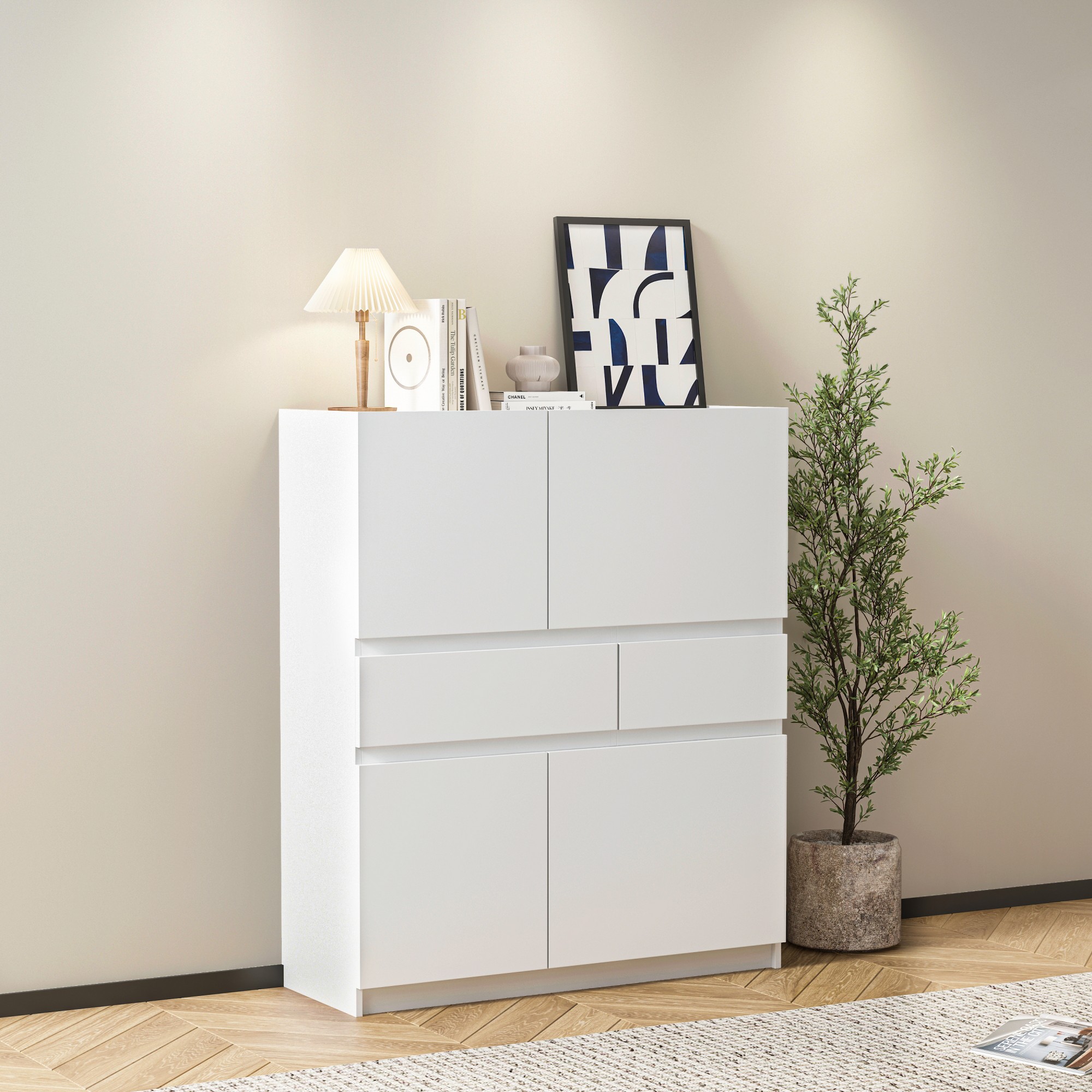 Leumius Wooden Storage Cabinet,Kitchen Pantry Cabinet,Pantry Cabinet with 4 Doors and 2 Drawers for Kitchen,Dining Room,Living Room,White