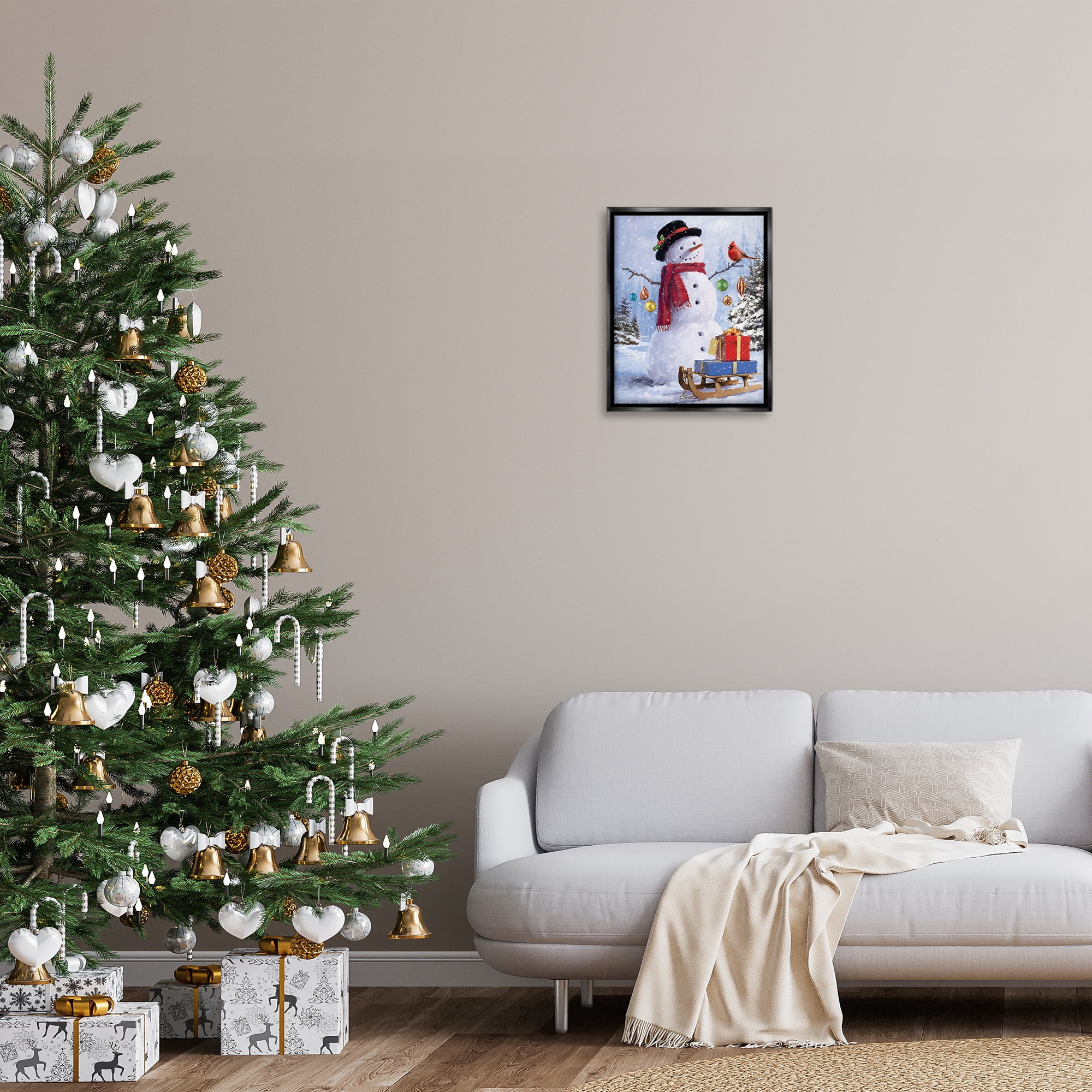 Stupell Industries Snowman with Gift Sled Landscape Painting Black Floater Framed Canvas Art Print Wall Art, 17 x 21