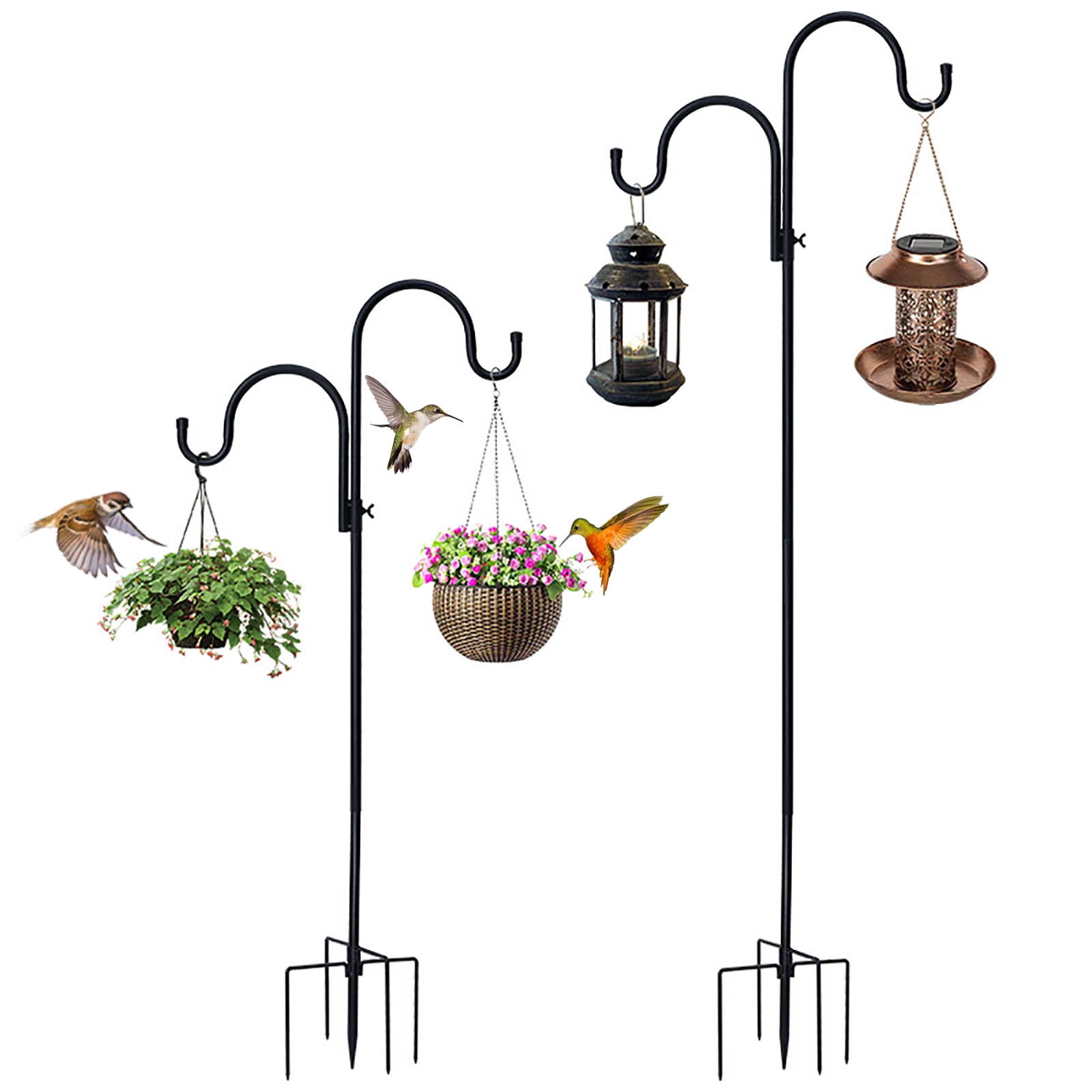 Outdoor Shepherd Hook 160cm, Iron Double Hook Stand, 5 Prong Base for Hanging Bird Feeder Flower Basket