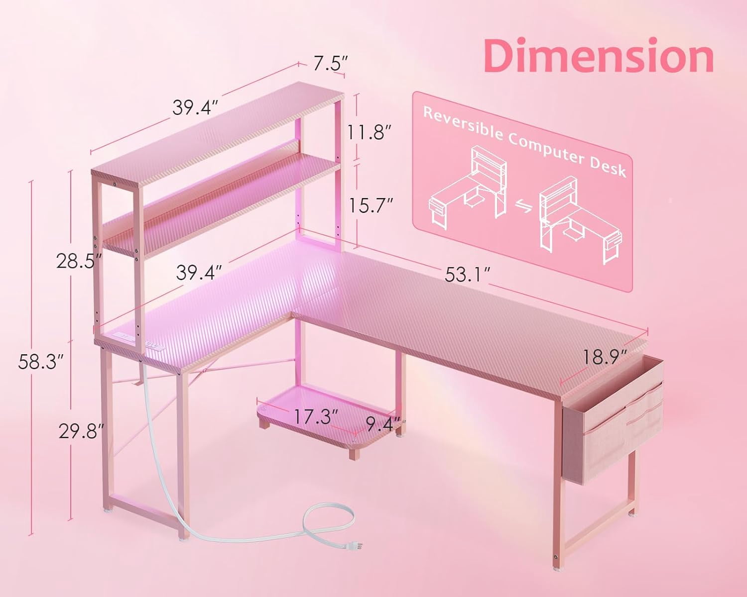 53 Inch L Shaped Desk with LED Lighting, Reversible Gaming Desk with Power Outlets, Cornor Computer Table with Storage Shelves & Bag & Iron Hook, Home Office Table for Writing, Study, Pink