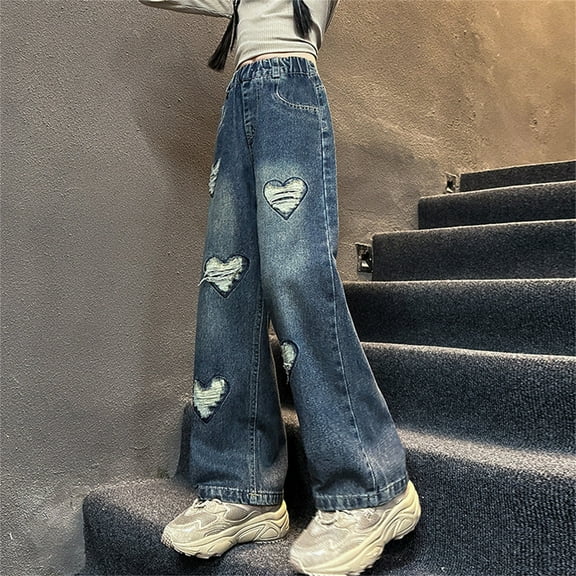 XIMIN Teen Girls Elastic Waist Cool Ripped Jeans Heart Embroidered High Waist Floor Length Baggy Wide Leg Ripped Denim Cargo Jean Baggy Jeans Y2k Streetwear