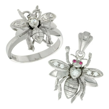 Sterling Silver Bee Ring & Pendant Set CZ Stones Rhodium Finished