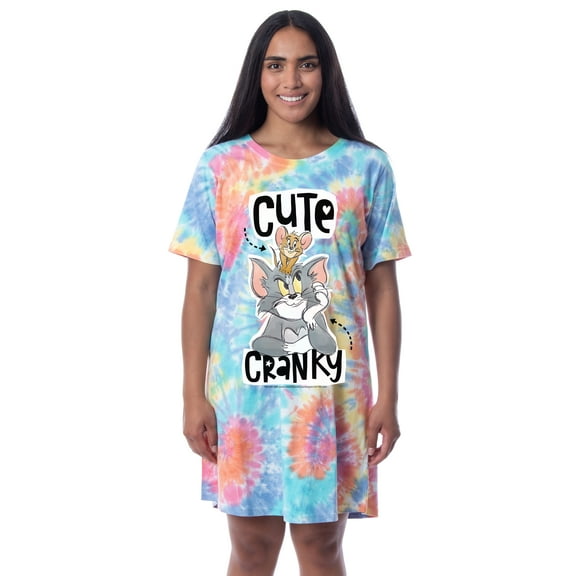 Tom And Jerry Womens' Cute Cranky Tie-Dye Nightgown Sleep Pajama Shirt