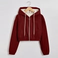 thumbnail image 4 of Women'S Fashion Cropped Shacket Drawstring Hooded Zip Up Corduroy Jackets Casual Plaid Long Sleeve Short Jackets Coat, 4 of 7