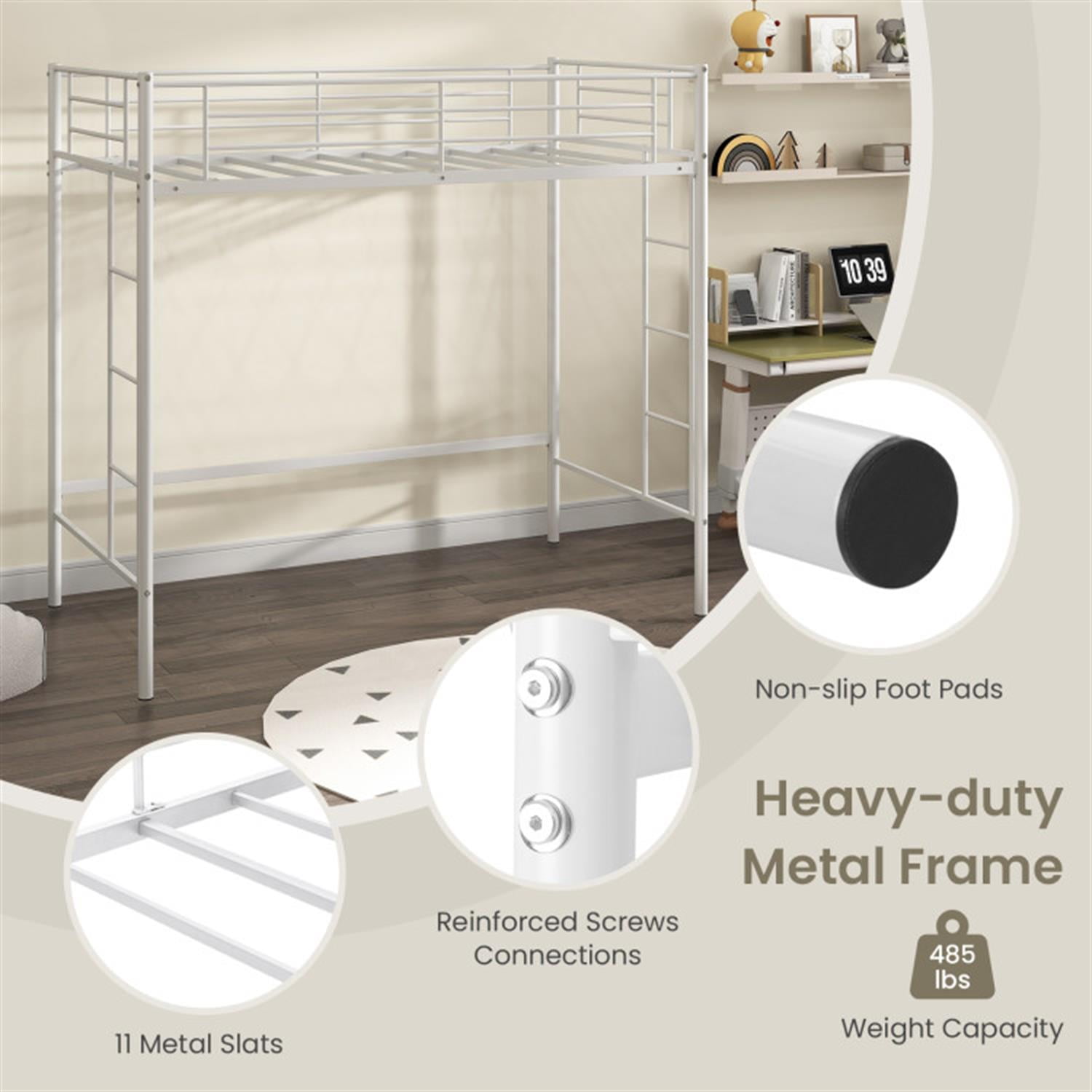 Demi Bonn Metal Twin Loft Bed Frame with 2 Ladders Full-length Guardrail for Teens, White