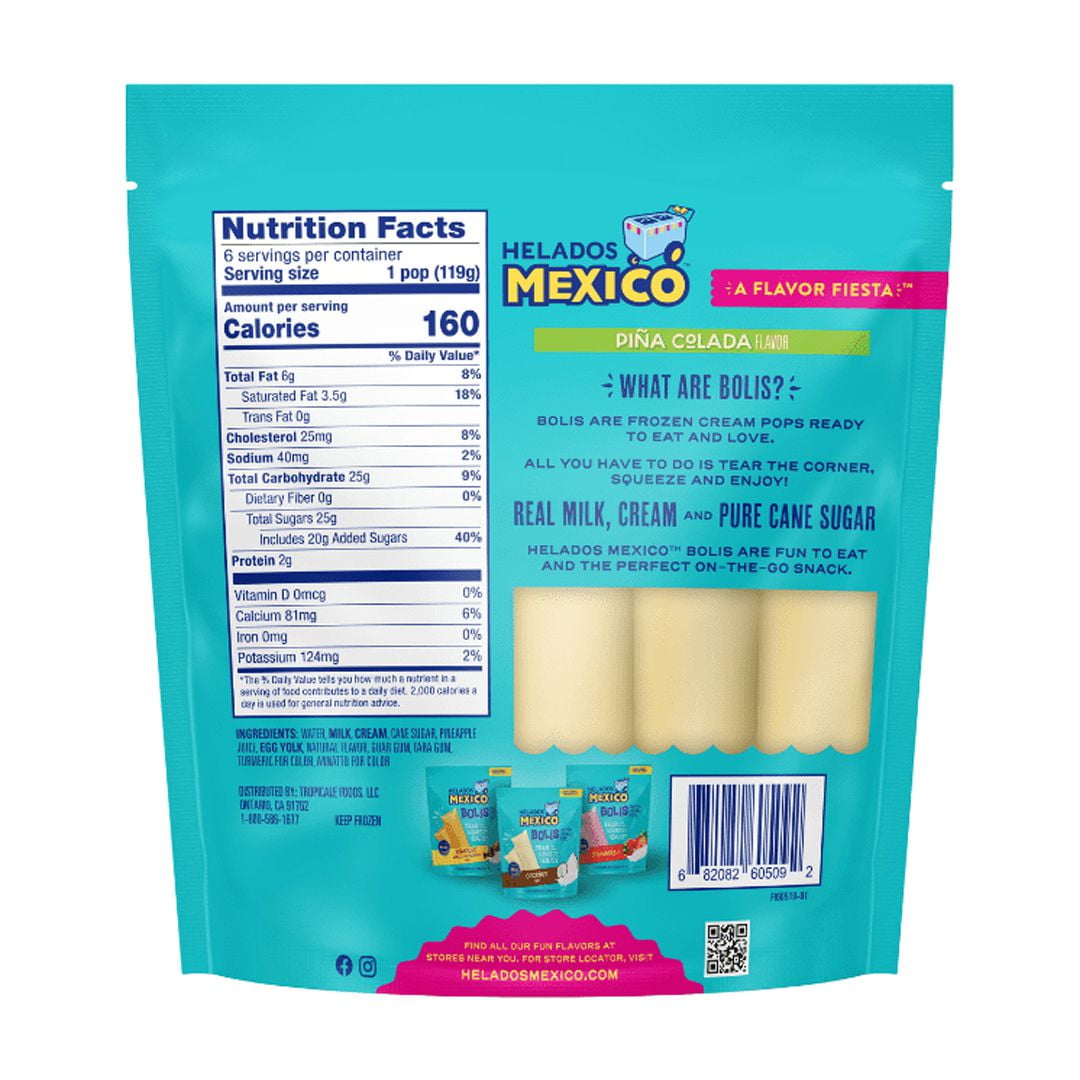 Helados Mexico Pina Colada Bolis Frozen Cream Pops in a Tube, Push Up, Gluten-Free, 24 oz, 6 Count