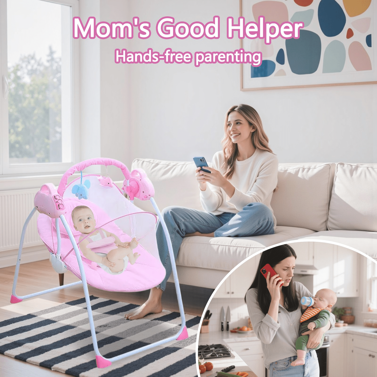 Jonster Electric Baby Swing with Bluetooth, Remote, Toys, 4-Speed Adjustable Infant Swing, Auto Rocking, for Newborns to Toddlers, Pink
