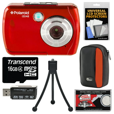 Polaroid iS048 Waterproof Digital Camera (Red) with 16GB Card + Case + Tripod +