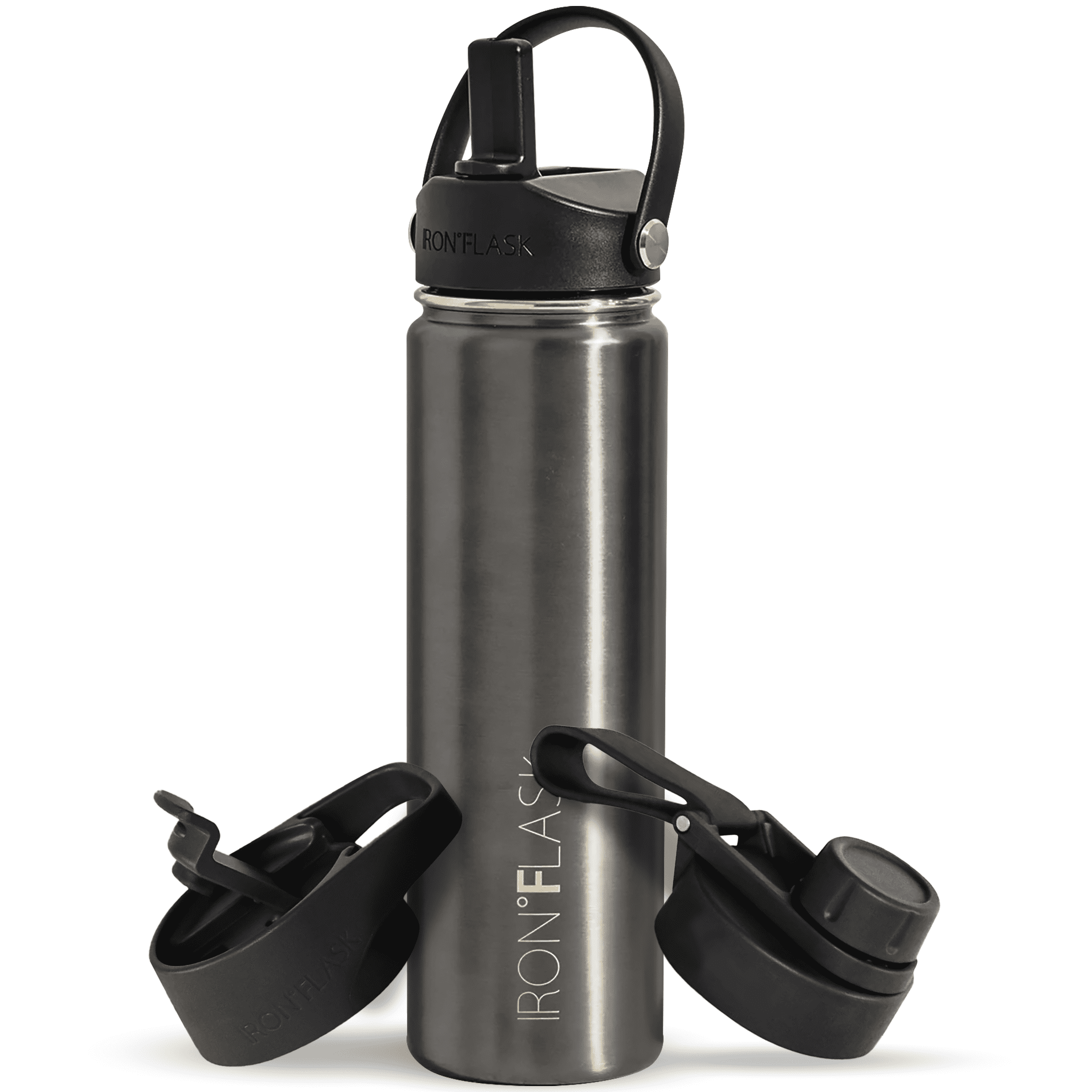 (2 pack) Iron Flask Stainless Steel Water Bottle 22 oz Metallic Black with 3 Lids