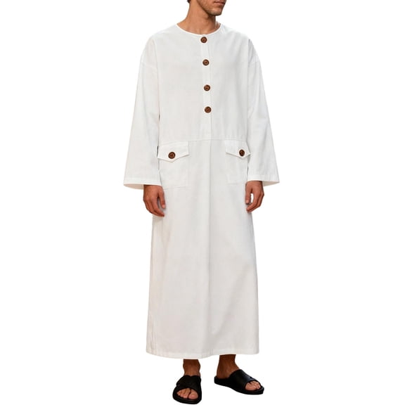 Long Sleeve Shirts for Men, Mens Kurta Coats Button Thobe Robe Indian Arabic Wedding Attire Ramadan Islamic Clothing Embroidered Linen Cotton