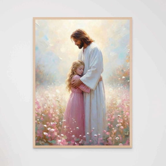 Knowing Jesus Christian Wall Art Hugging Little Girl Picture Bible With Children Decor, Unframed Paper Poster 8x10in