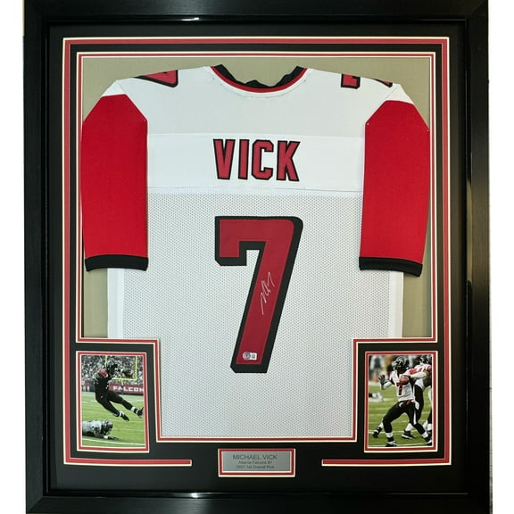 Framed Autographed/Signed Michael Mike Vick 35x39 Atlanta White Football Jersey PSA/DNA COA