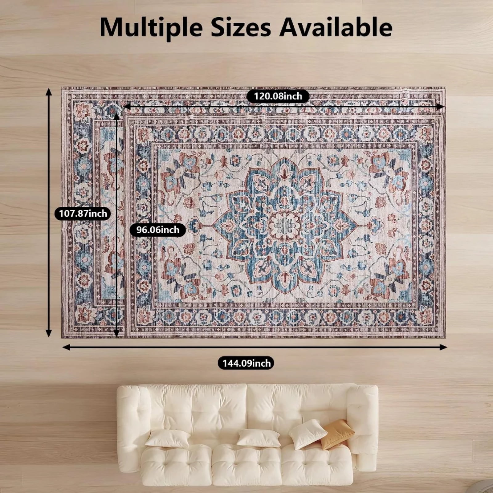 Kelno 8'x10'Area Rug Floor Mat Living Room Rug Washable Low Pile Indoor Carpet Vintage Non-slip Soft Rug,Blue&Red
