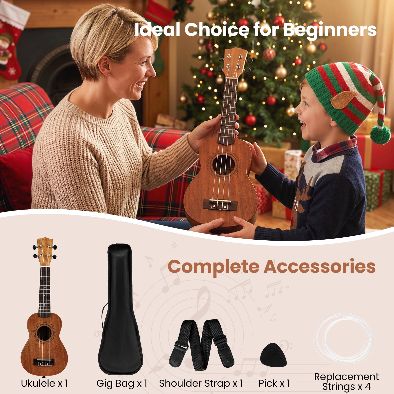 Costway 21" Soprano Mahogany Wooden Ukelele Set with Gig Bag, Pick, Adjustable Strap Natural