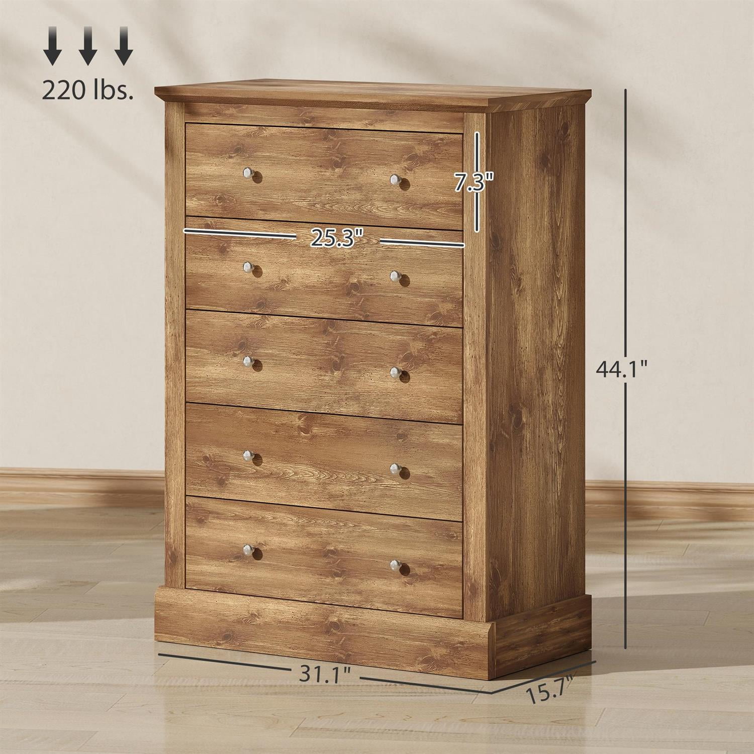 Demi Bonn Wooden 5 Drawer Chest, Farmhouse Style Dresser with Solid Wood Top for Living Room, Storage Bedside Table, Brown