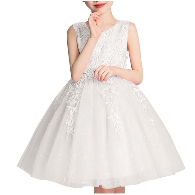 Ashirexll Robe de Fête Sans Manches pour Filles Jupe Tutu en Tulle Col Rond Ligne A Robe Formelle pour Animatrice Spectacle Occasion Spéciale Âge 2-14 Ans Blanc 3 Ans