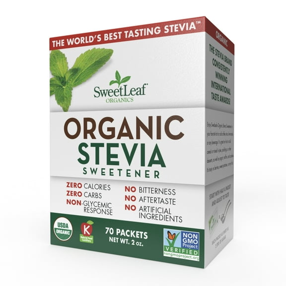 SweetLeaf Organic Stevia Powder Packets Sugar Substitute, 70 Count