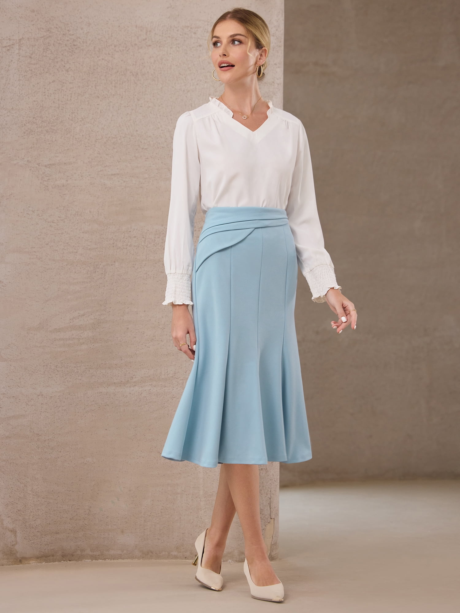 DARING DIVA Women's High Elastic Waist Fishtails Midi Skirts for Work M Blue