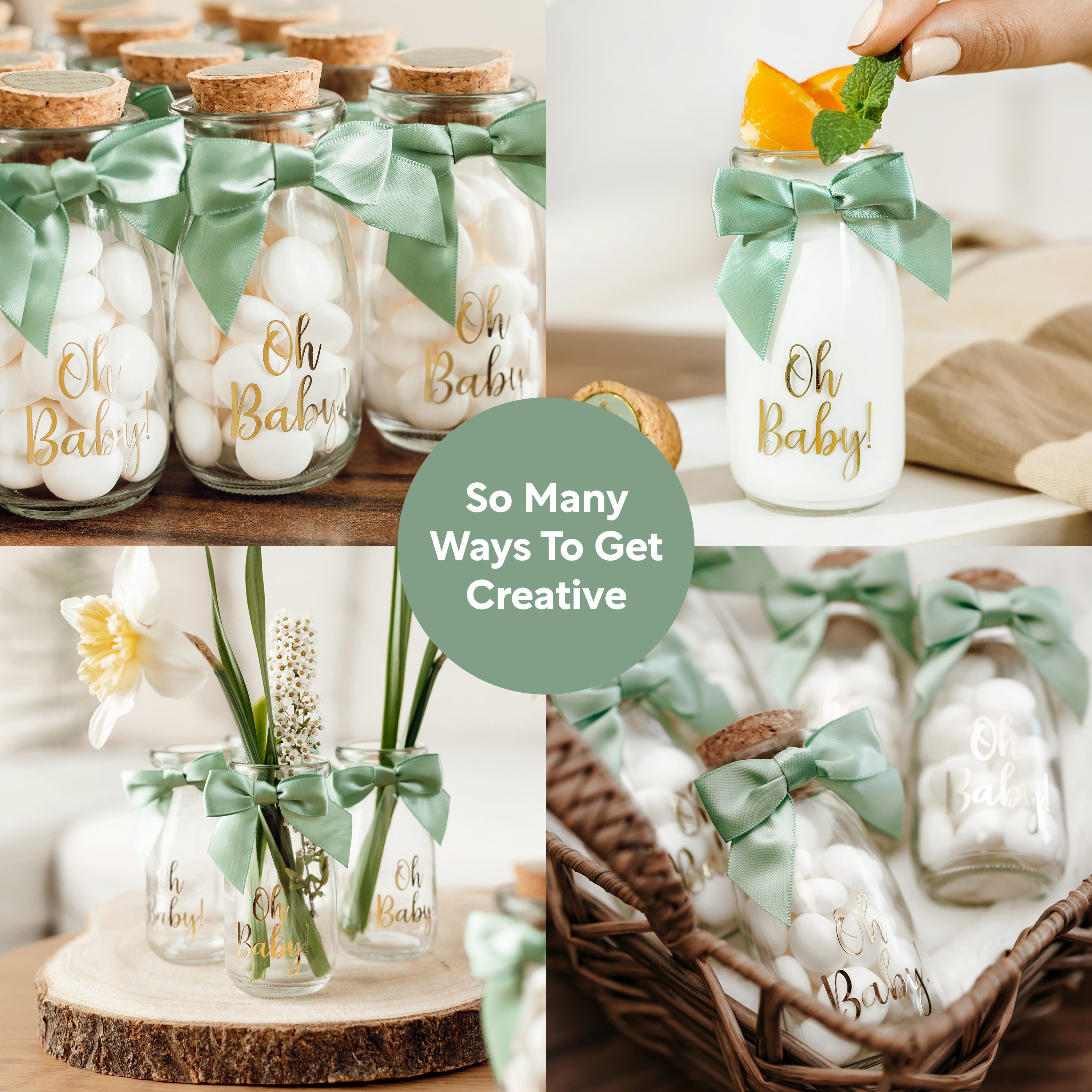 Vintage 12 Pack Oh Baby Woodland Milk Glass Bottles with Ribbons and Stickers - Classy Baby Shower Favors for Guests and Table Centerpieces - Gender Neutral Eucalyptus Decoration - Safari Theme