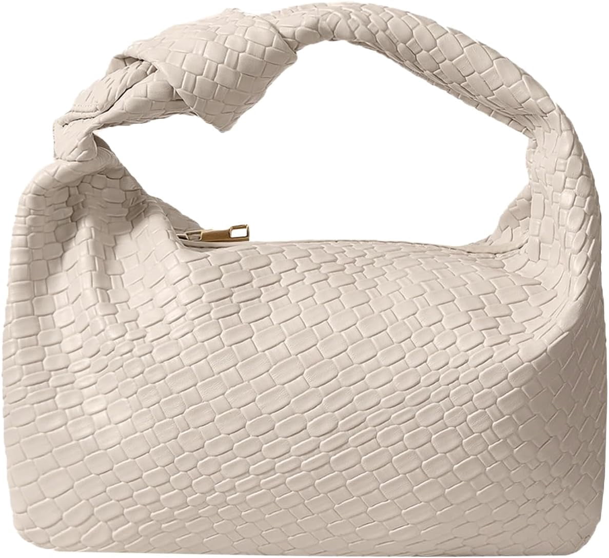 Women’s Woven Leather Hobo Bag with Knot Strap, Zipper Closure Shoulder Handbag