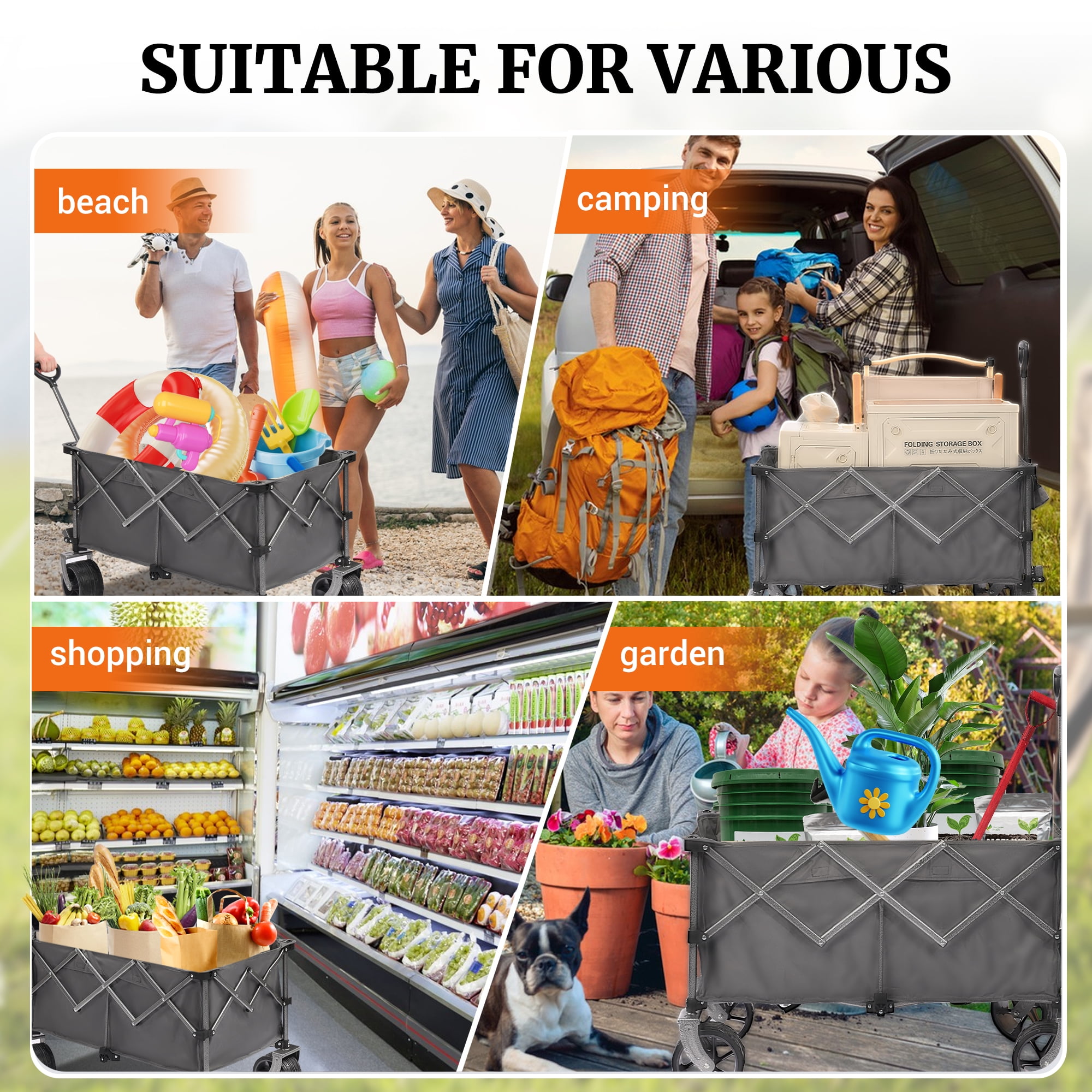 400L Collapsible Wagon, Folding Wagon Cart, Beach Wagon with Big Wheels, 450LB Heavy Duty Foldable Wagon, Large Capacity Wagon for Camping, Sports, Garden, Baseball