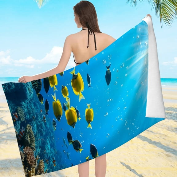 RKSupls Tropical Fish Coral Reef Underwater Ocean Microfiber Beach Towel, Extra Large Quick Dry Lightweight Towel for Travel Swimming Camping, Soft Super Absorbent- 55.1x27.6in