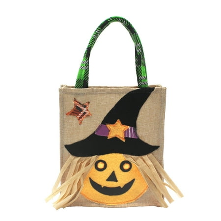 Halloween Linen Candy Bag Trick or Treat Kids' Candy Bucket Handbag with Handle Halloween Party Costumes Supplies