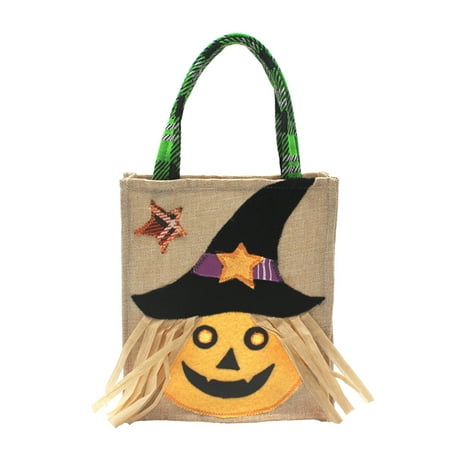 Halloween Linen Candy Bag Trick or Treat Kids' Candy Bucket Handbag with Handle Halloween Party Costumes Supplies Decoration--Pumpkin