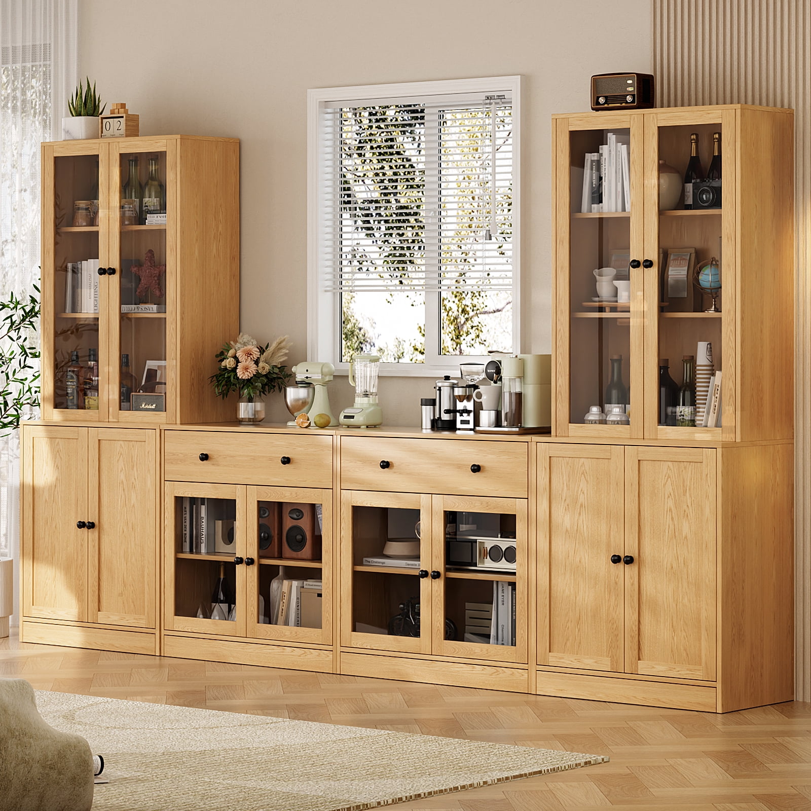RichYa 4Pcs Kitchen Pantry Storage Cabinet,Modular Furniture Cabinets with Display Glass Doors,Hutch Buffet Cabinet with Drawers for Dining Room,Wood