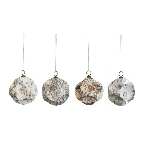Creative Co-Op Round Handmade Recycled Paper Ornaments with Patterns and Glitter in Kraft Box, White, Gold and Silver Color, Set of 4