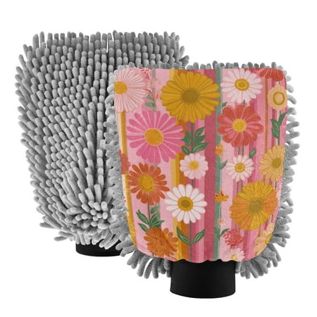 Microfiber Car Wash Gloves With Chenille & Polyester Terry Scratch-Free Cleaning Elastic Cuffs Daisies Flowers