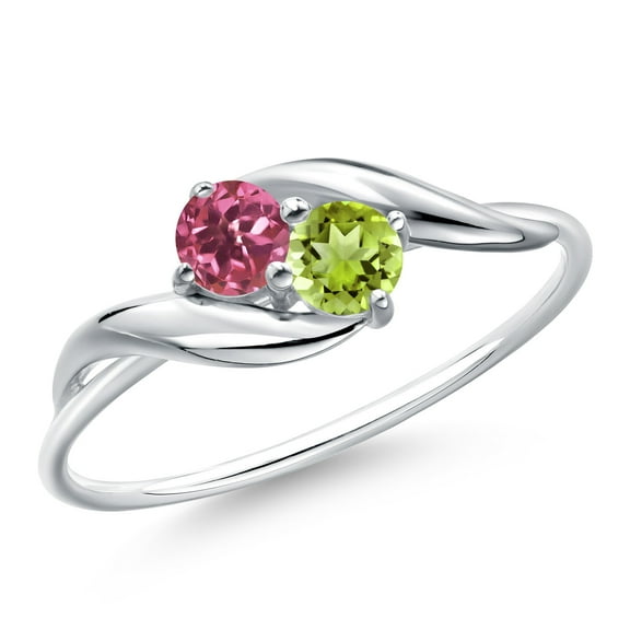 Gem Stone King 10K White Gold Round Pink Tourmaline and Green Peridot Ring for Women (0.36 Cttw, Round 3.5MM, Gemstone October Birthstone, Size 9)