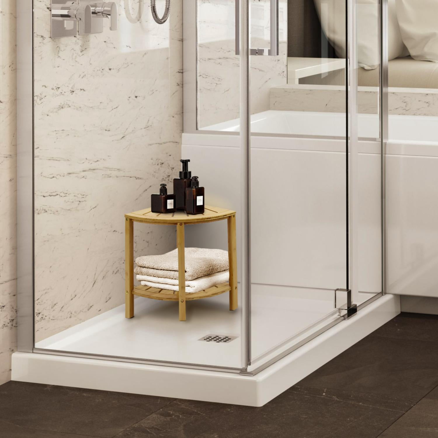 Sorbus Bamboo Shower Stool with Shelf, Corner Bath Bench, Waterproof Bathroom Seat, Natural
