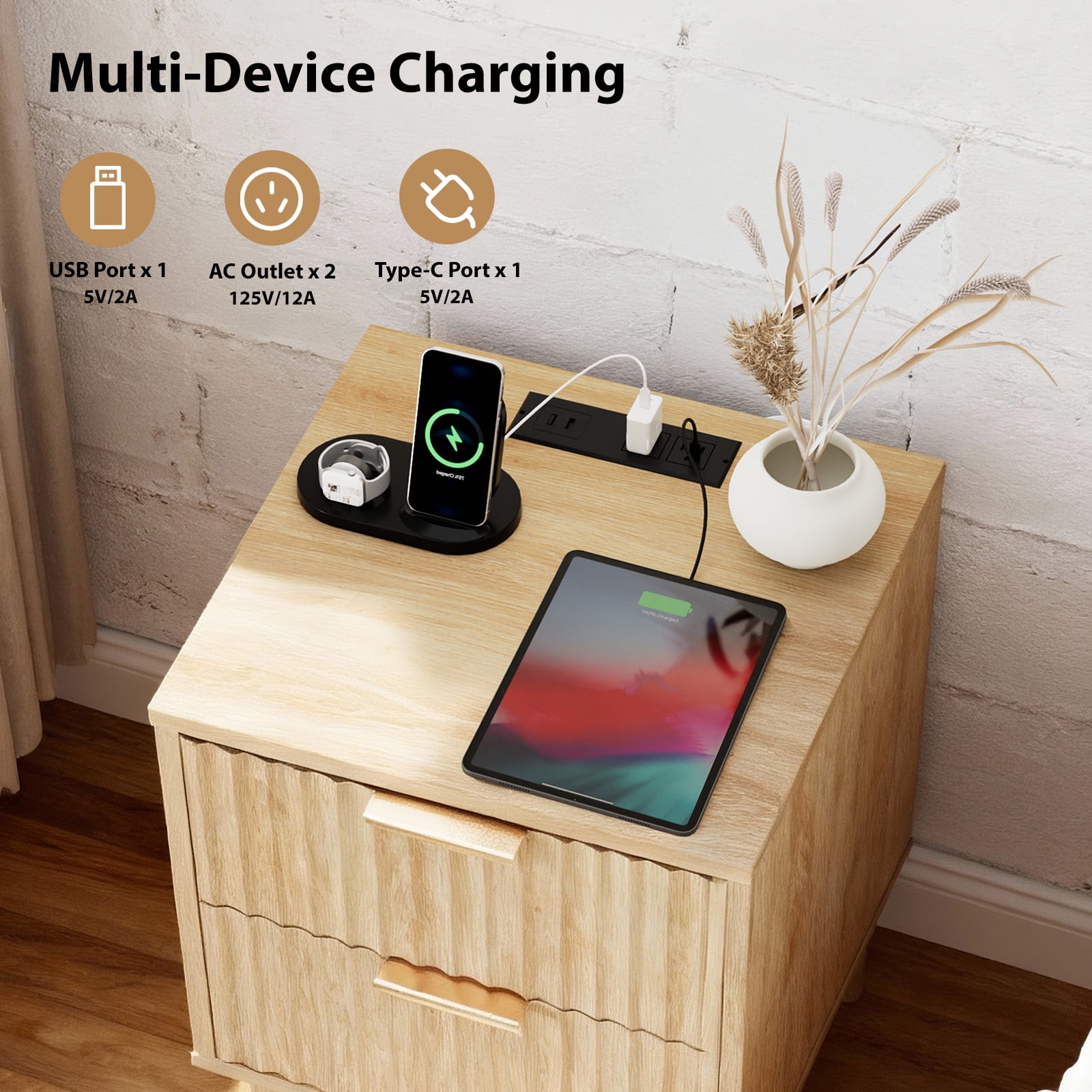 Zimtown Set of 1 Wood Nightstand with Charging Station, End Table Wooden Bedside Table Large Capacity Easy to Assemble