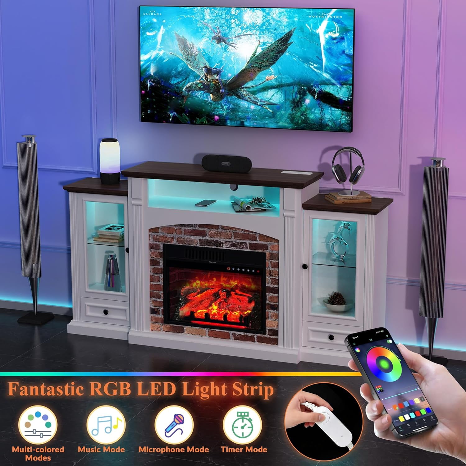 LAZZO TV Stand with Fireplace , 69" Modern Entertainment Center with Cabinets, Realistic Stacked Stone, 23" Electric Fireplace with Remote-Controlled Flame, White