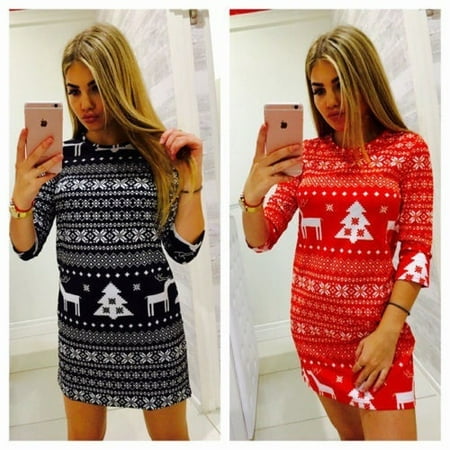 Dress Barn Christmas Sweaters Women Winter Knitted Jumper Christmas Sweater Pullover Knitwear Long Tops Dress ()