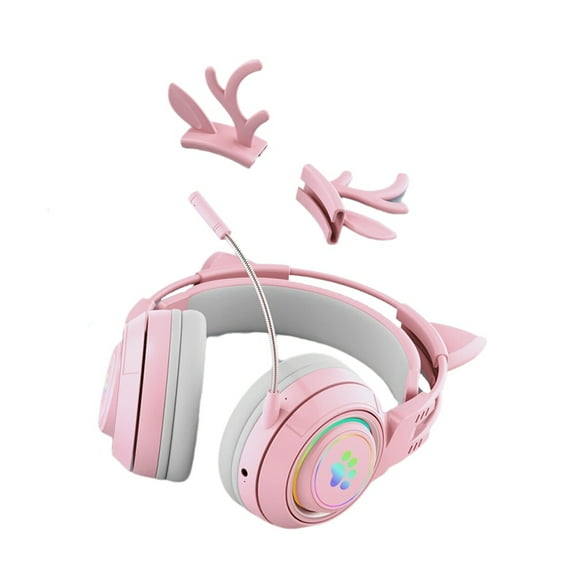Cute Antlers Cat Ear Wireless Bluetooth Headphone Gamer Earphone Gaming Headset with RGB Light for Kid Pink