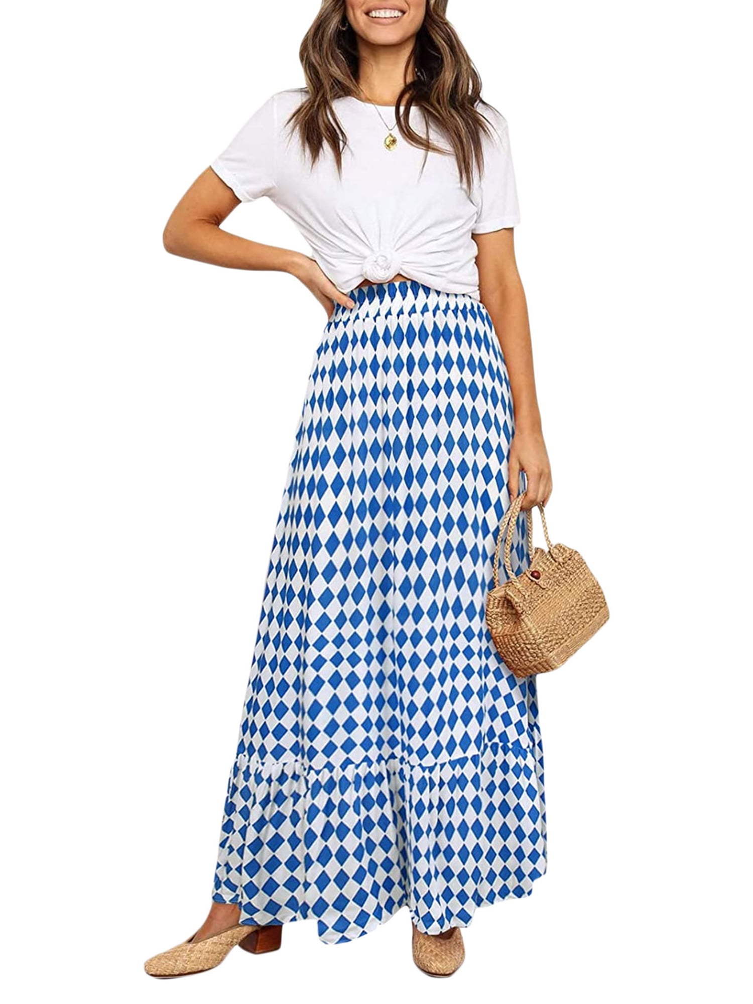 Liacowi Women Bohemian Maxi Skirt Summer Boho ALine Ruffle Long Skirt