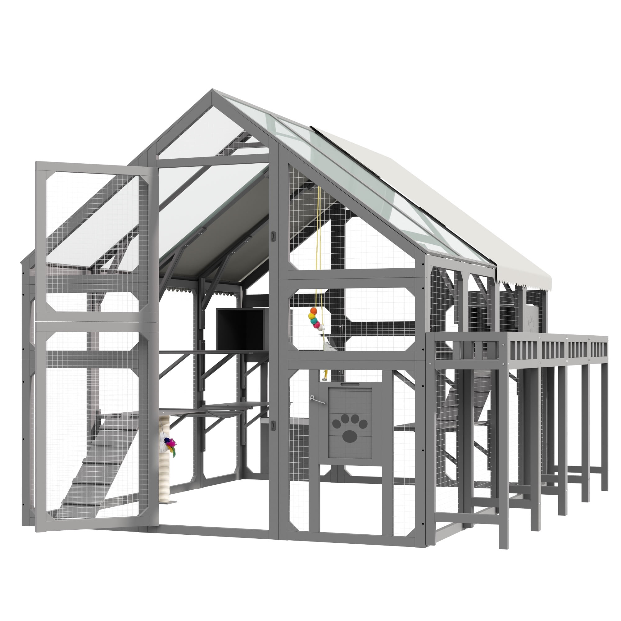 YIORTWO Jumbo Outdoor Catio with Built-in Planter Stand, 4-Tier Wooden Cat Enclosure with 8 Platforms & Bridges, Weatherproof Large Cat House with Sunshine Board Roof, Grey