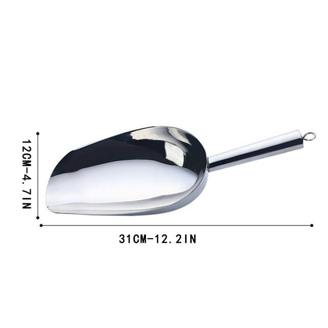pala de hielo de acero inoxidable engrosada, pala de té, pala de grano, pala para patatas fritas, herramienta de cocina wmkox8yii hjk6029 Vista lateral de pala de acero inoxidable pulido con cabeza ancha y ligeramente curvada, mango tubular soldado con anilla para colgar; medidas 31 cm x 12 cm, borde liso y cuenco profundo, apta para hielo, granos, harina o papas fritas.
