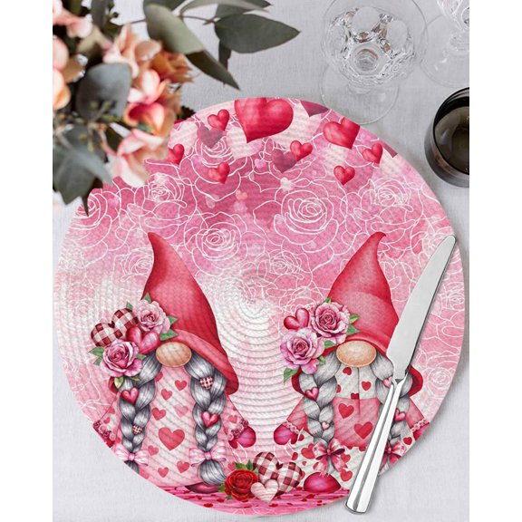 13 Inch Round Placemats Set of 4, Valentine's Day Non Slip Heat Insulation PP Table Mats, Watercolor Gnomes Roses Love Romantic Washable Place Mats for Kitchen Dining Party Table Decor