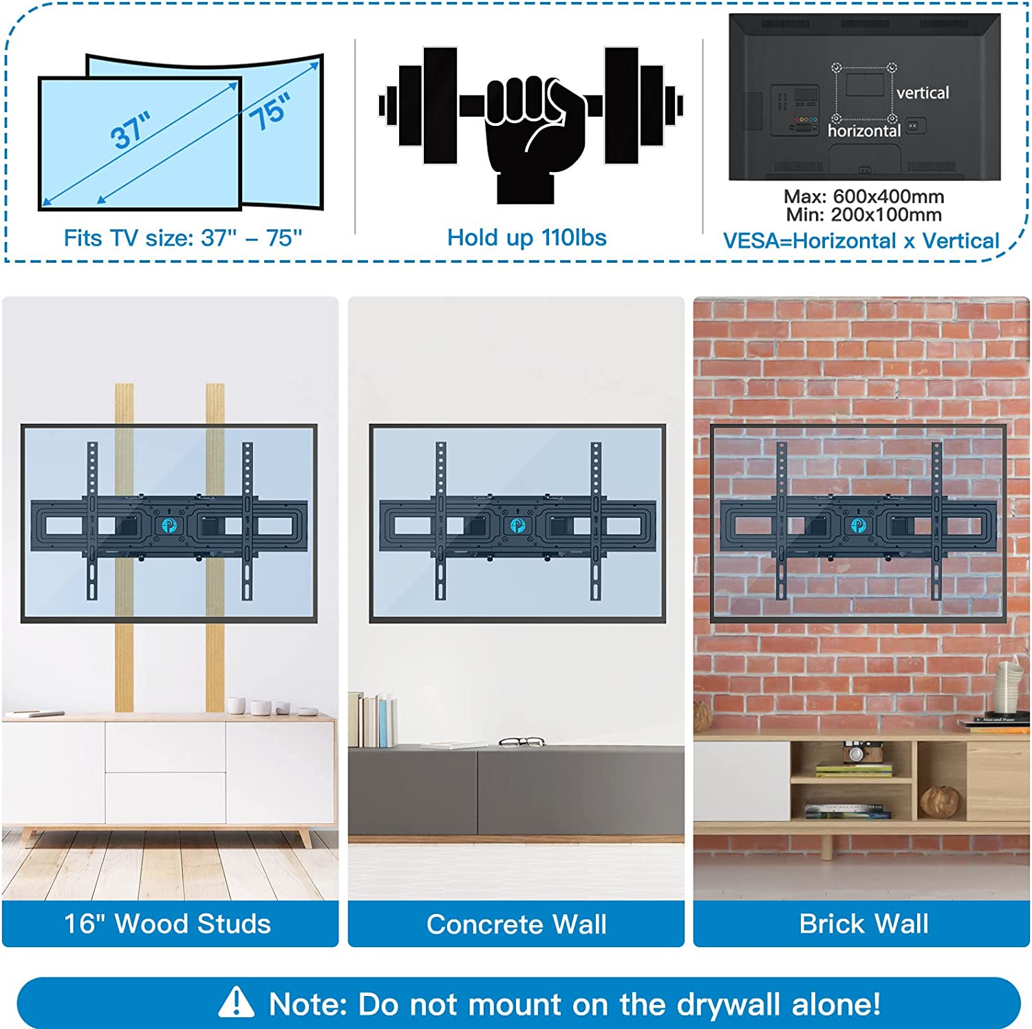 MountFTV Full Motion TV Wall Mount Bracket for 37-85 inch Flat Curved TVs, Max 600x400mm, Holds up to 110 lbs