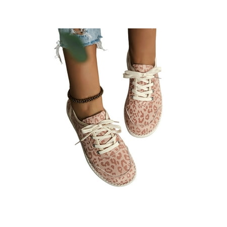 

Crocowalk Women Casual Shoe Comfort Flats Lace Up Sneakers Womens Sneaker Driving Slip Resistant Leopard Print Walking Shoes Light Pink 4.5