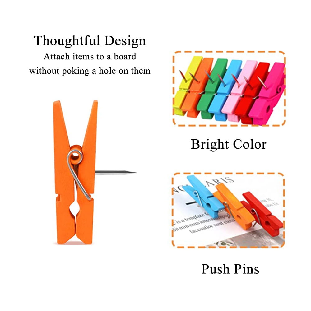 SagaSave 50Pcs Push Pin with Wooden Clips Pushpins Tacks Thumbtacks Craft  Projects Office Home Use 
