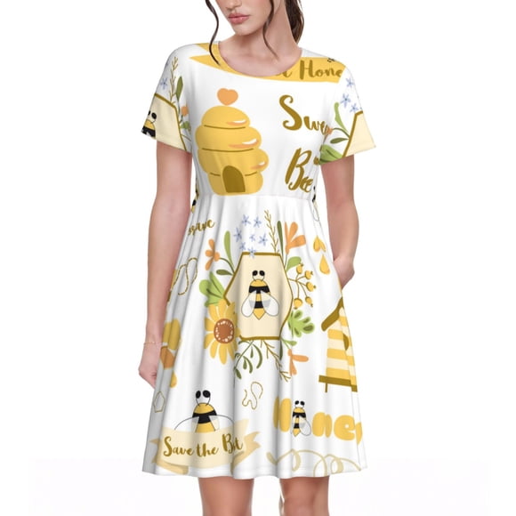 Bixox Women's Short Sleeve Summer Dress Loose Swing Knee Length Dresses with Pockets-Farm Bee Cute Honey