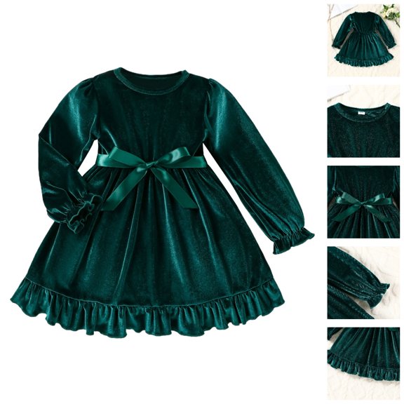 HJYCHN Kids Dress Long Sleeve Solid Dress with Bow Belt and Ruffled Hem for Girls Dress 3-4 Years